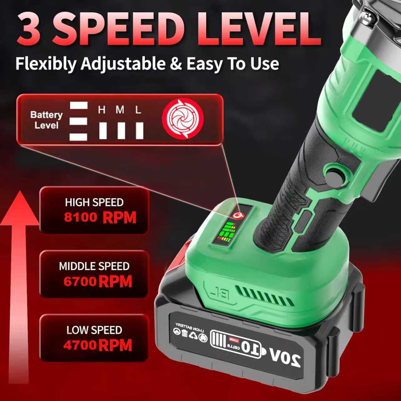 Green power tool with speed level indicators on a red background