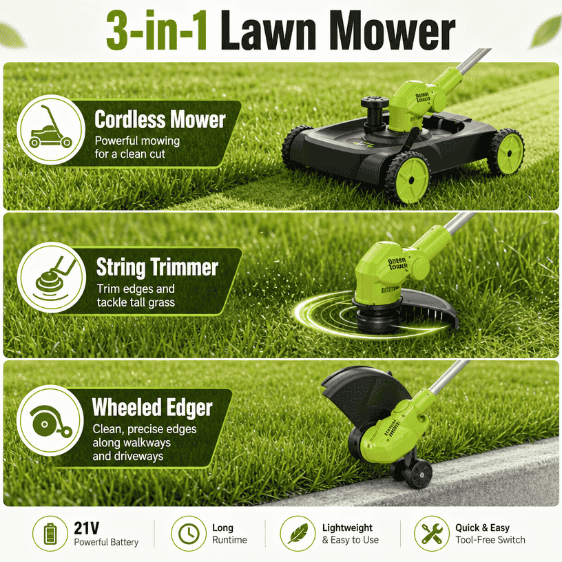 TrimFlex™ Electric Lawn Mower 3000W Brushless | String Trimmer & Wheeled Edger Combo | 2×4.0Ah Battery