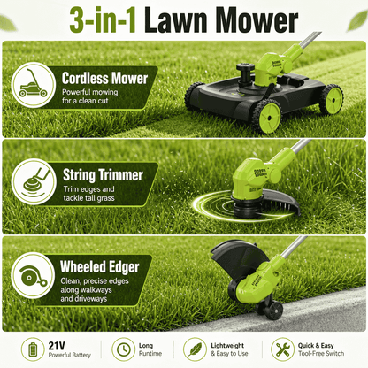 TrimFlex™ Electric Lawn Mower 3000W Brushless | String Trimmer & Wheeled Edger Combo | 2×4.0Ah Battery