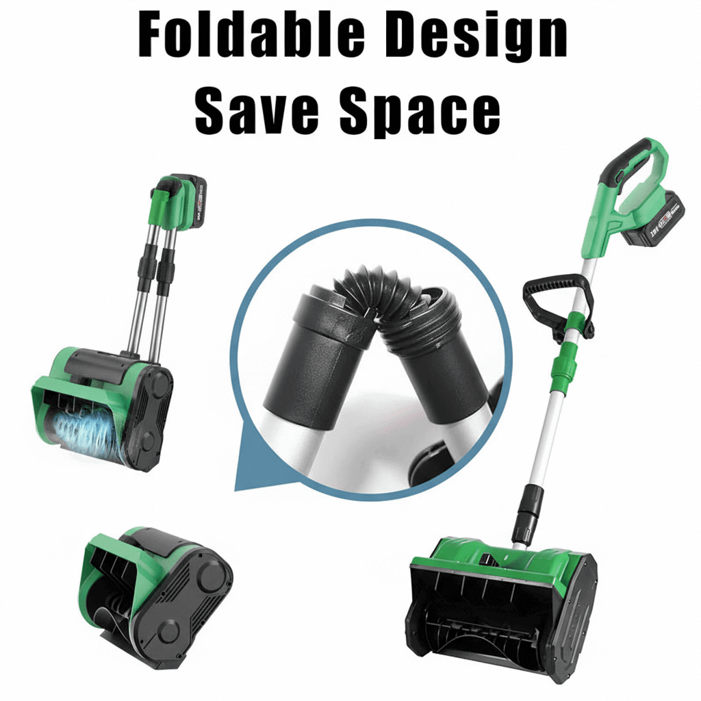 Green and black foldable cleaning tool with a close-up of the folding mechanism on a white background.