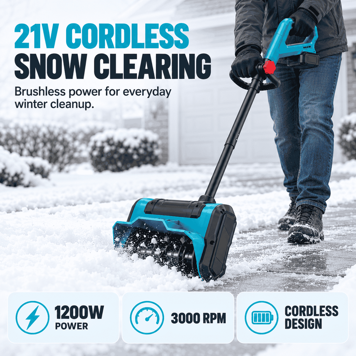 FrostSweep™ 21V Cordless Snow Shovel, 12.5" Clearing Width, 2×4000mAh Batteries