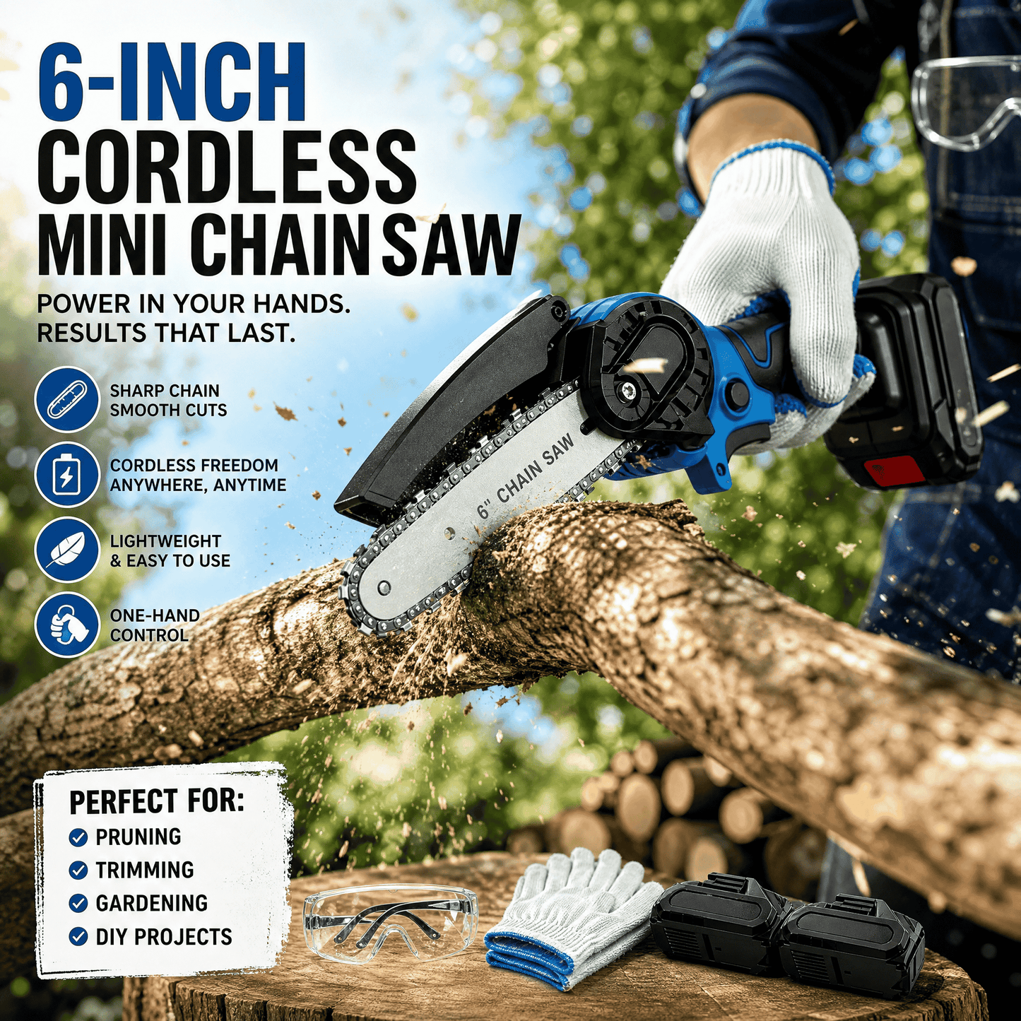 Cordless Mini Chainsaw 6" | Electric Pruning Saw with 2 Batteries