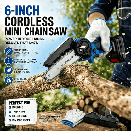 Cordless Mini Chainsaw 6" | Electric Pruning Saw with 2 Batteries