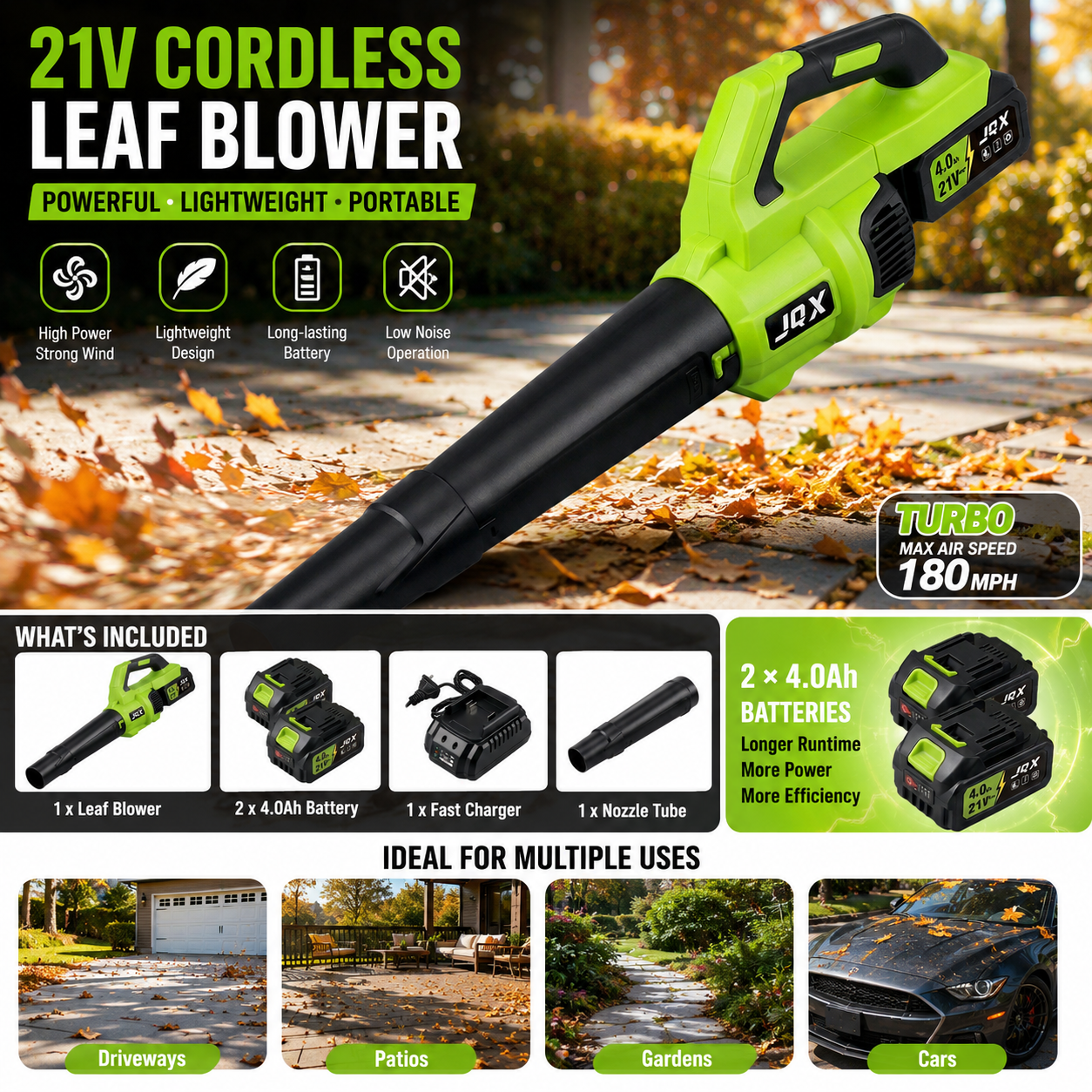 AirJet™ 21V Cordless Leaf Blower | Brushless Motor, Dual Batteries & High-Performance Handheld Yard Blower