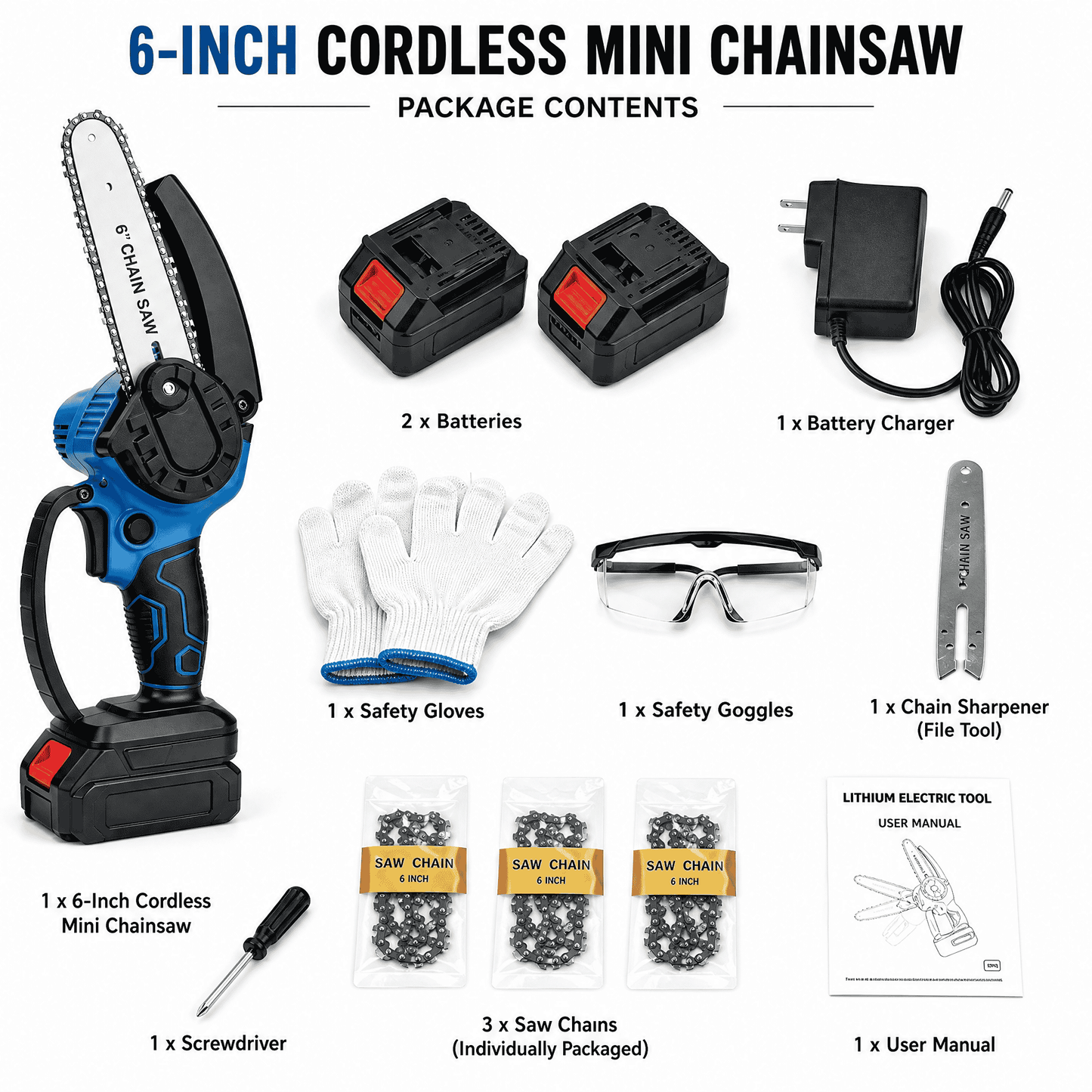 Cordless Mini Chainsaw 6" | Electric Pruning Saw with 2 Batteries