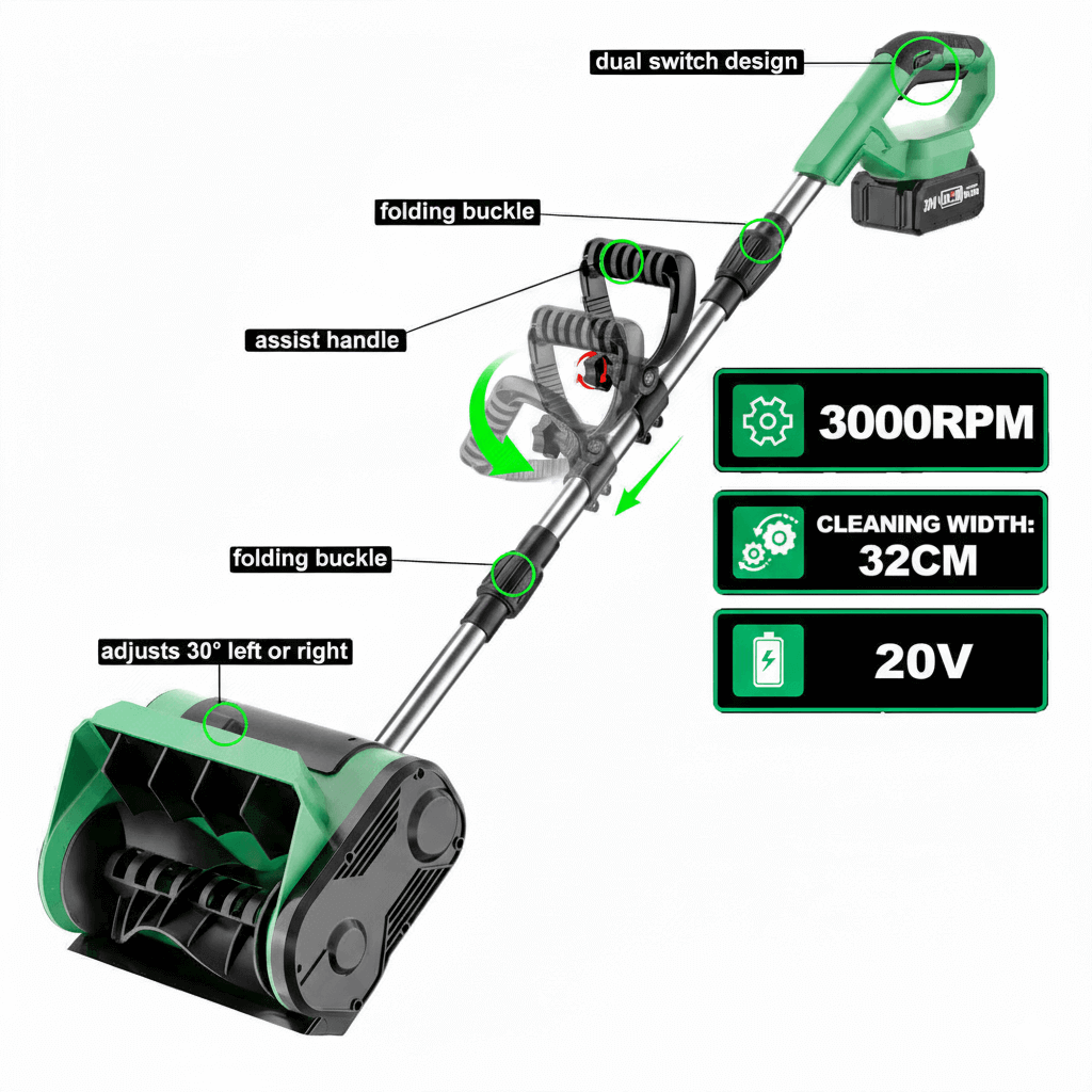 20V Cordless Snow Shovel – 12" Lightweight & Powerful Electric Snow Blower with 2X Battery