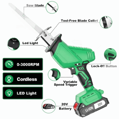 20V Cordless Reciprocating Saw | 3000RPM | 2×2000mAh Batteries | LED Light + Variable Speed