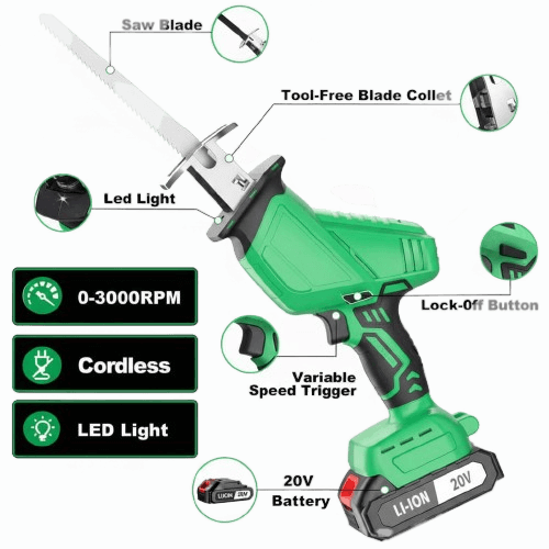 20V Cordless Reciprocating Saw | 3000RPM | 2×2000mAh Batteries | LED Light + Variable Speed