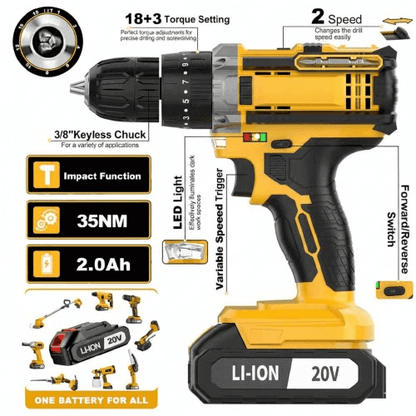 20V Cordless Impact Drill – 35Nm Torque, 2-Speed, LED Light, 2×2000mAh Batteries, Full Accessory Kit