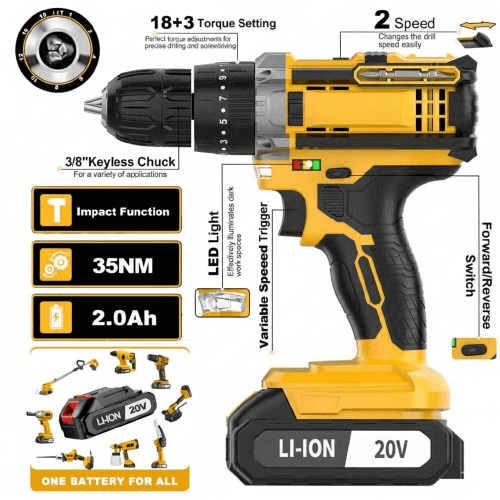20V Cordless Impact Drill – 35Nm Torque, 2-Speed, LED Light, 2×2000mAh Batteries, Full Accessory Kit