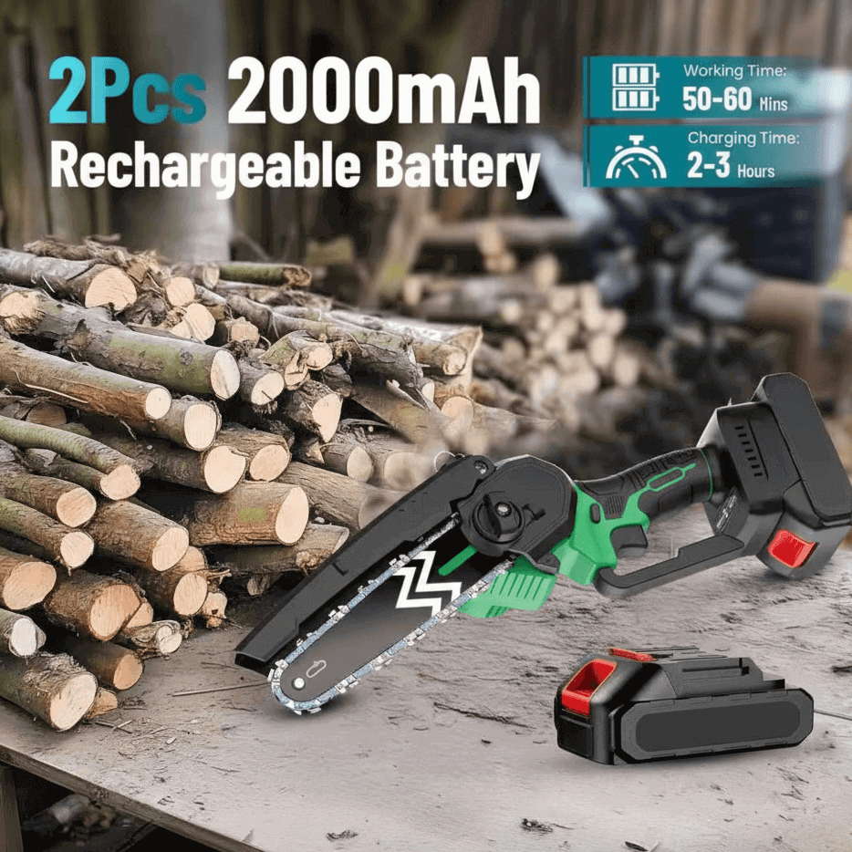 Gardening tool with rechargeable battery on a wooden surface with logs in the background