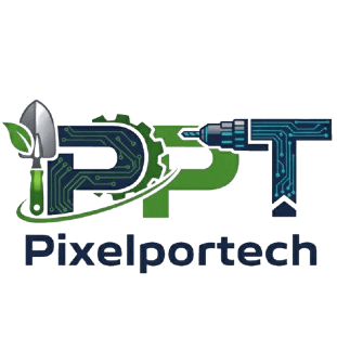Pixelportech logo with tools and circuit board design on a white background