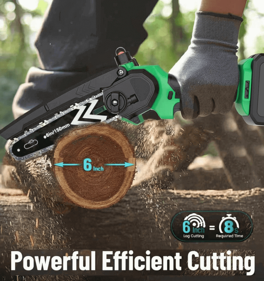 Person using a chainsaw to cut a log with text highlighting cutting efficiency.