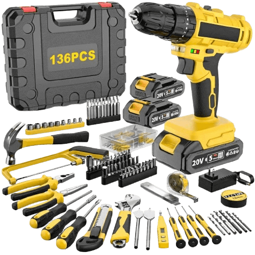 20V Cordless Impact Drill Kit | 136PCS, 45Nm, 2 Batteries, LED Light