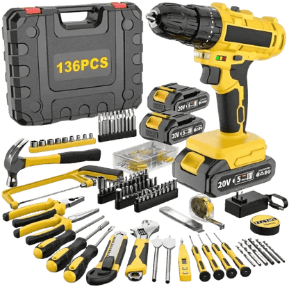 20V Cordless Impact Drill Kit | 136PCS, 45Nm, 2 Batteries, LED Light