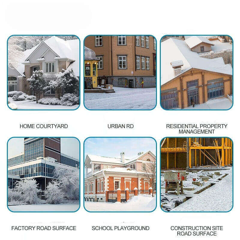 Advertisement for a lithium battery snow sweeper showing its use in various snowy environments.