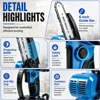 Cordless Mini Chainsaw 6" | Electric Pruning Saw with 2 Batteries