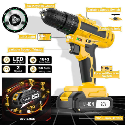 20V Cordless Impact Drill Kit | 136PCS, 45Nm, 2 Batteries, LED Light