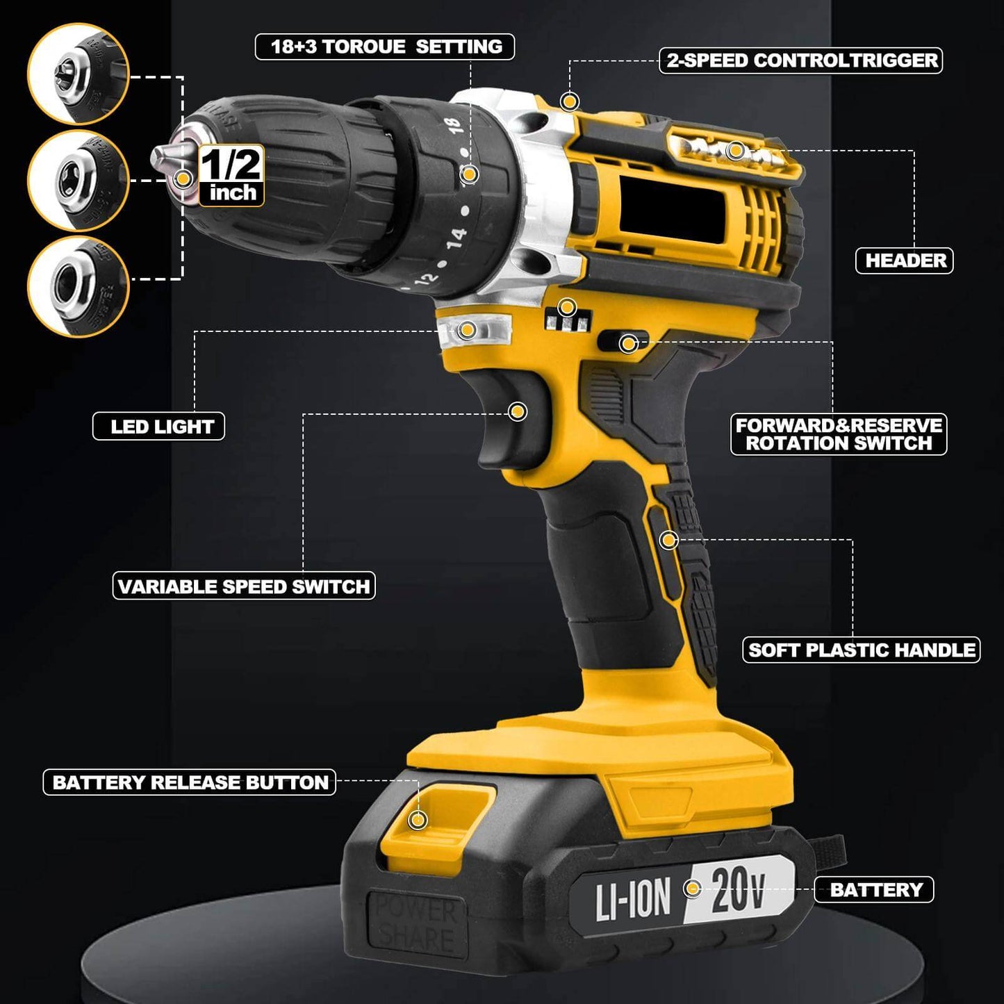 20V Cordless Impact Drill – 35Nm Torque, 2-Speed, LED Light, 2×2000mAh Batteries, Full Accessory Kit