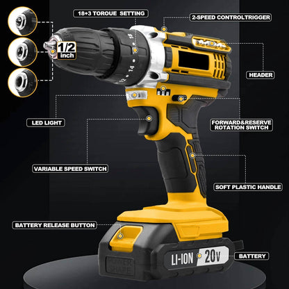 20V Cordless Impact Drill – 35Nm Torque, 2-Speed, LED Light, 2×2000mAh Batteries, Full Accessory Kit