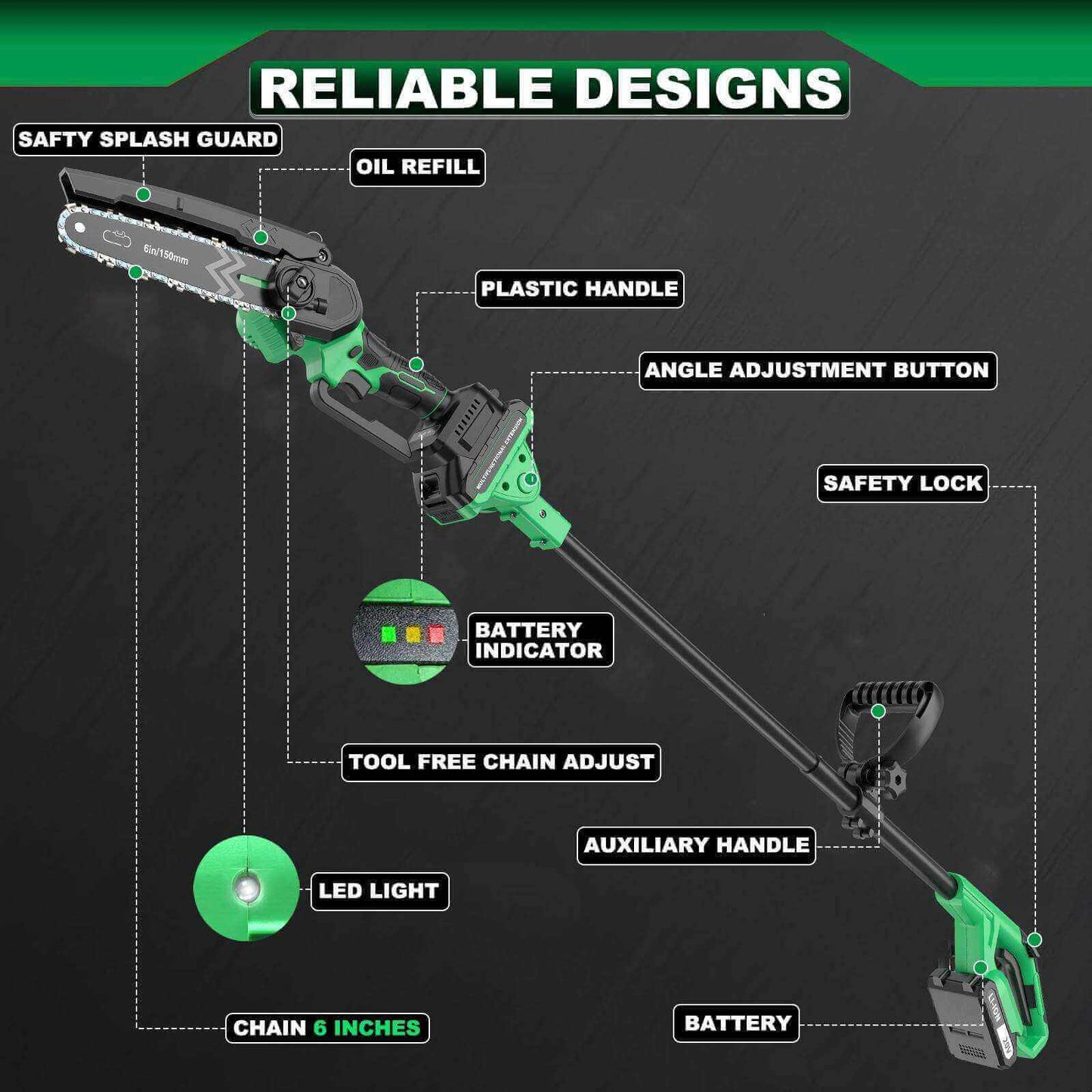 2-in-1 Cordless 6-Inch Pole Saw | 5–10 ft Extendable Rod | 2 Batteries (2000mAh)