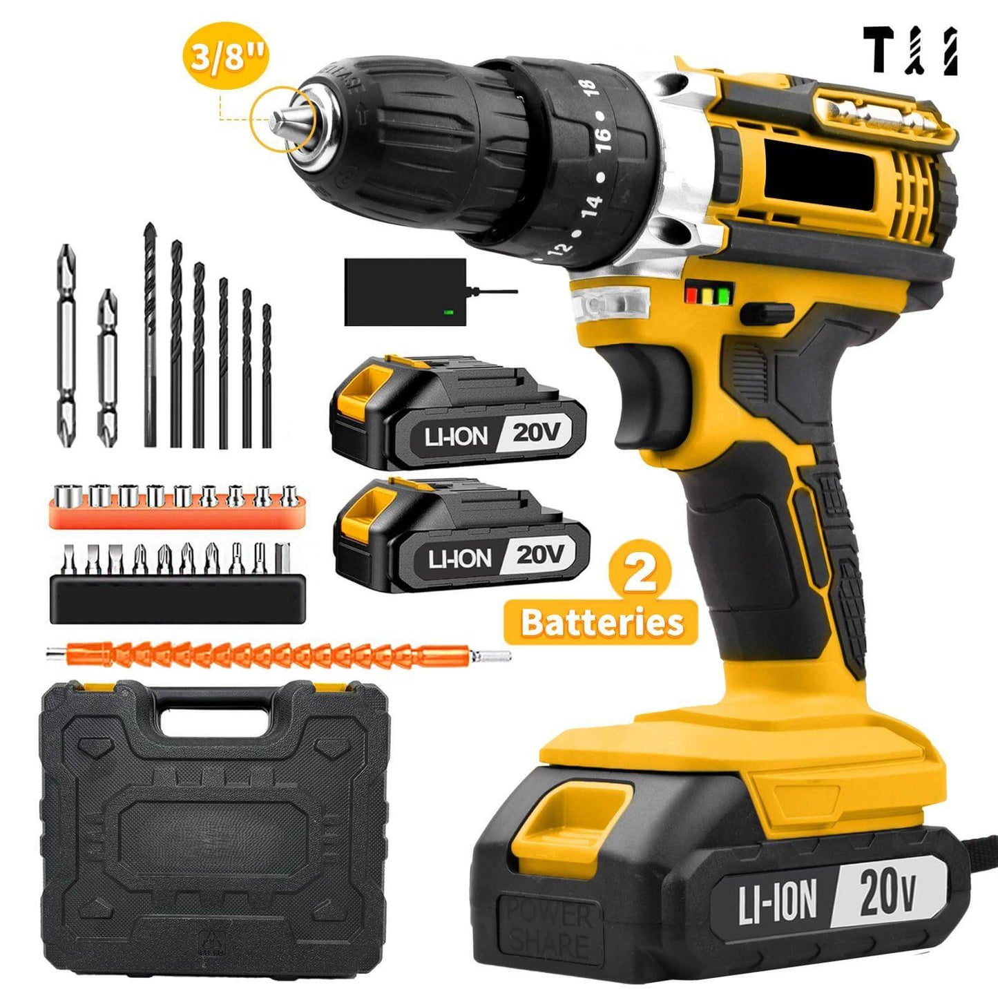 20V Cordless Impact Drill – 35Nm Torque, 2-Speed, LED Light, 2×2000mAh Batteries, Full Accessory Kit