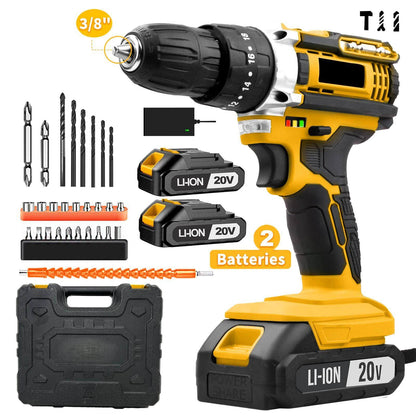 20V Cordless Impact Drill – 35Nm Torque, 2-Speed, LED Light, 2×2000mAh Batteries, Full Accessory Kit