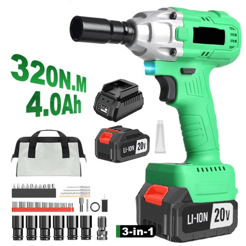 3-in-1 Cordless Impact Wrench 20V | 320Nm Brushless Motor | 2× 4000mAh Batteries