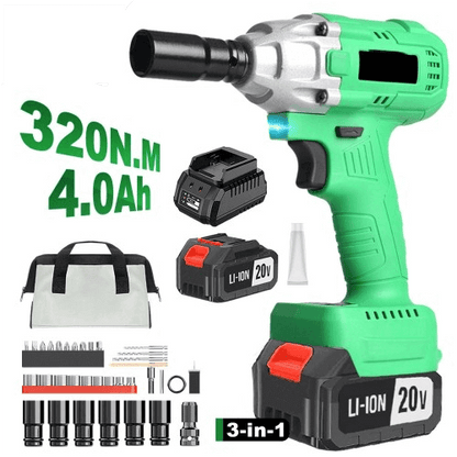 3-in-1 Cordless Impact Wrench 20V | 320Nm Brushless Motor | 2× 4000mAh Batteries
