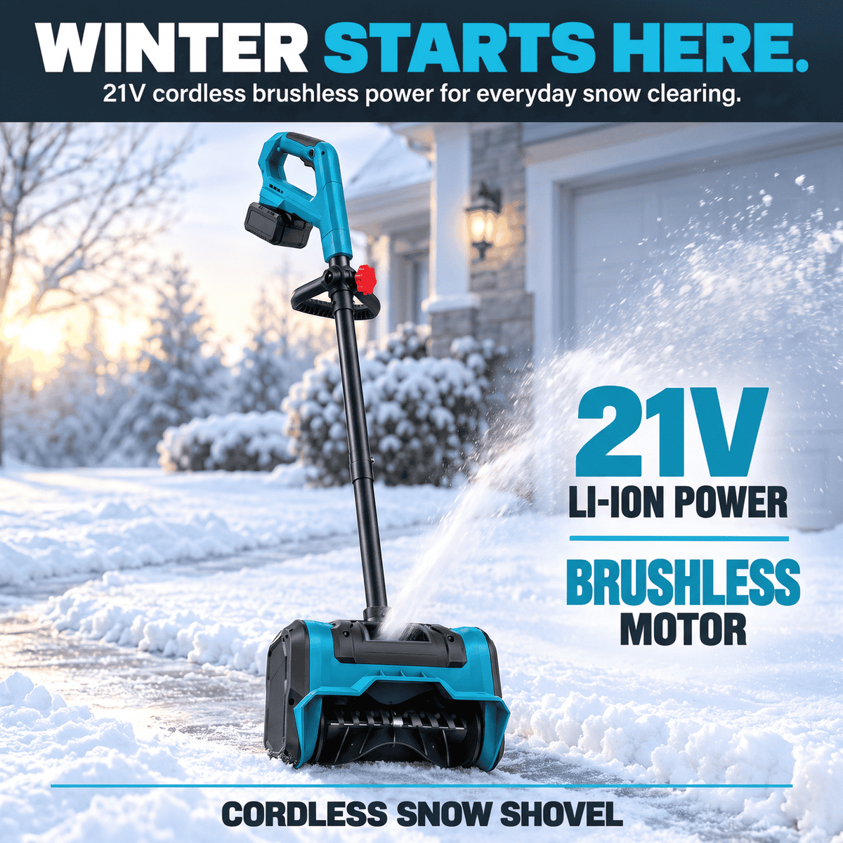 FrostSweep™ 21V Cordless Snow Shovel, 12.5" Clearing Width, 2×4000mAh Batteries