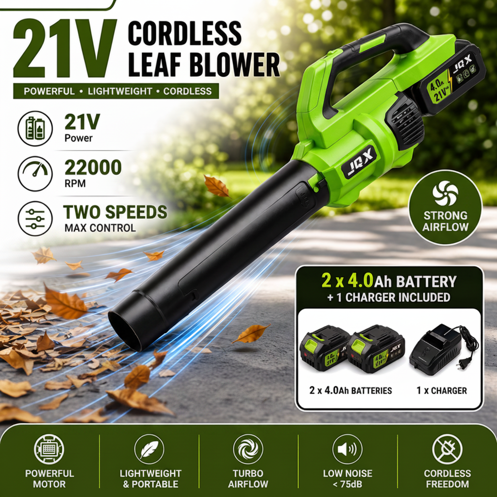 JQX 21V cordless leaf blower shown in a promotional graphic with product specs, runtime charts, included batteries and charger, and feature icons on a blurred outdoor background.