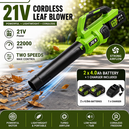 JQX 21V cordless leaf blower shown in a promotional graphic with product specs, runtime charts, included batteries and charger, and feature icons on a blurred outdoor background.