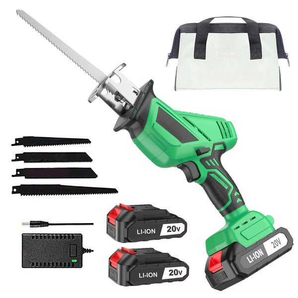 Green cordless reciprocating saw set with batteries, charger, and accessories on a white background