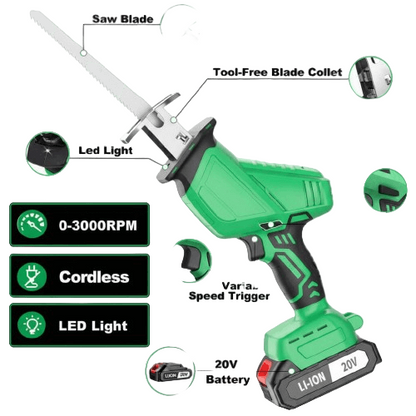 Green cordless power tool with labeled features on a white background