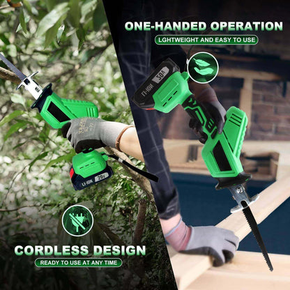 Green cordless electric saw being used with text highlighting features like one-handed operation and cordless design.