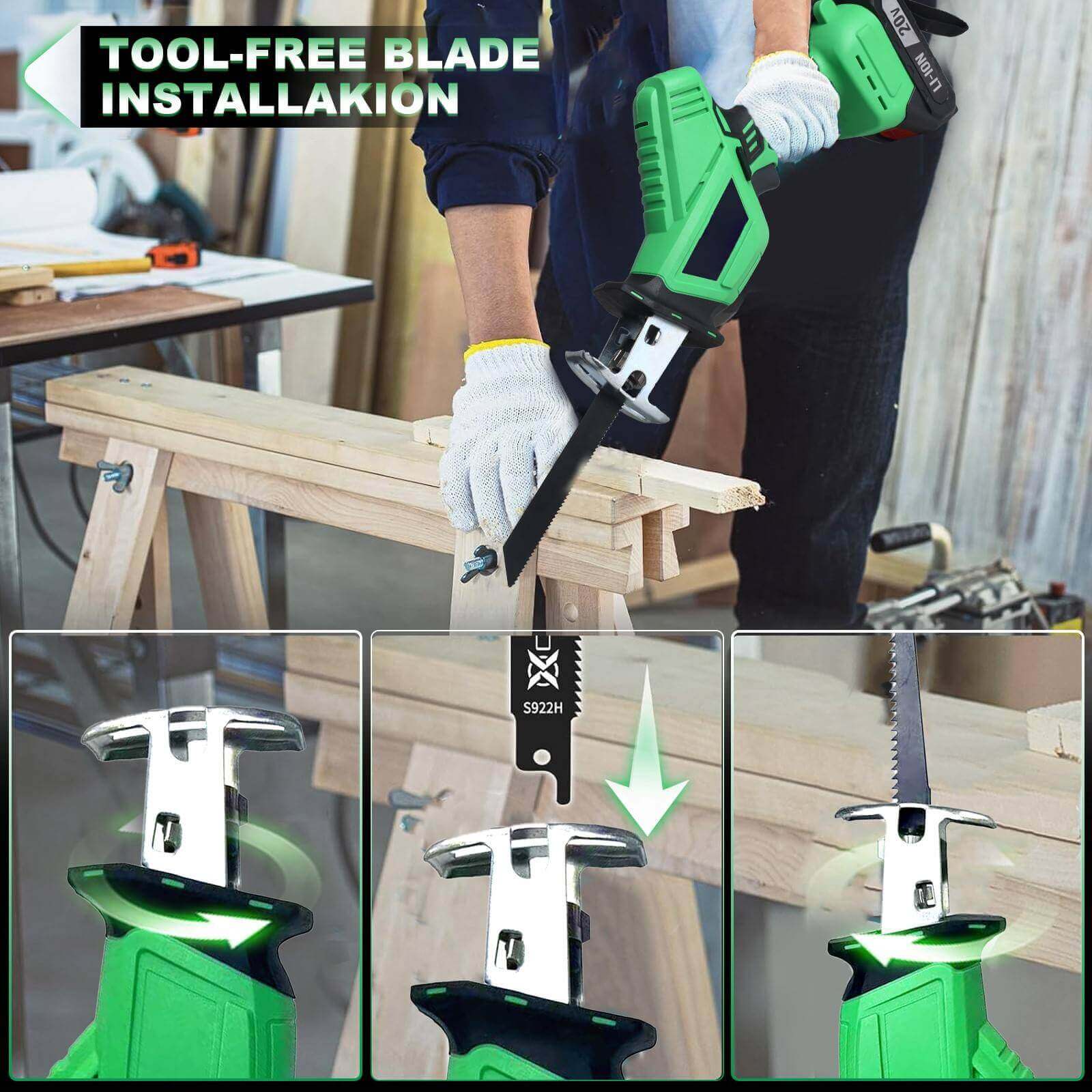Green power tool with tool-free blade installation feature being used on a wooden bench.