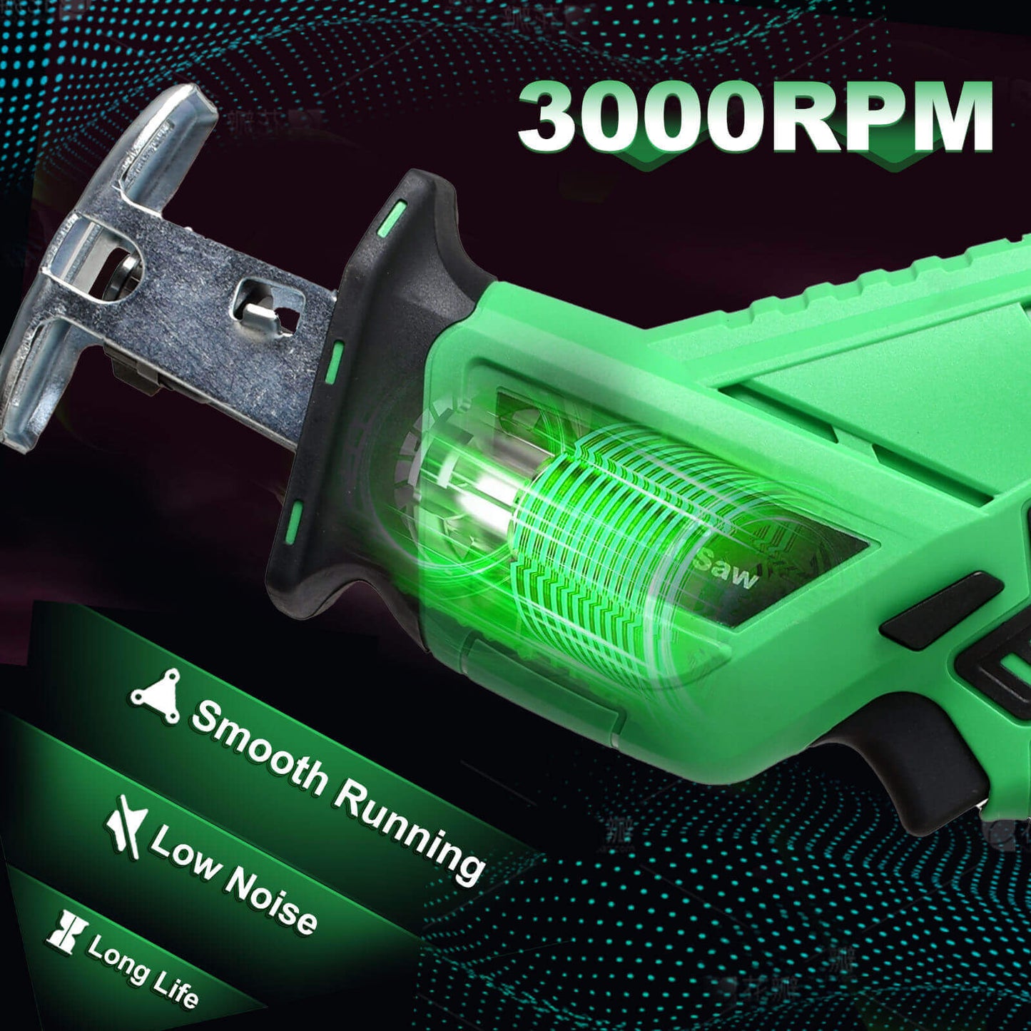 Green cordless saw with 3000 RPM on a dark background