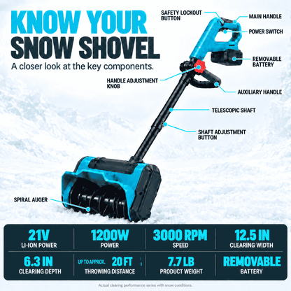FrostSweep™ 21V Cordless Snow Shovel, 12.5" Clearing Width, 2×4000mAh Batteries